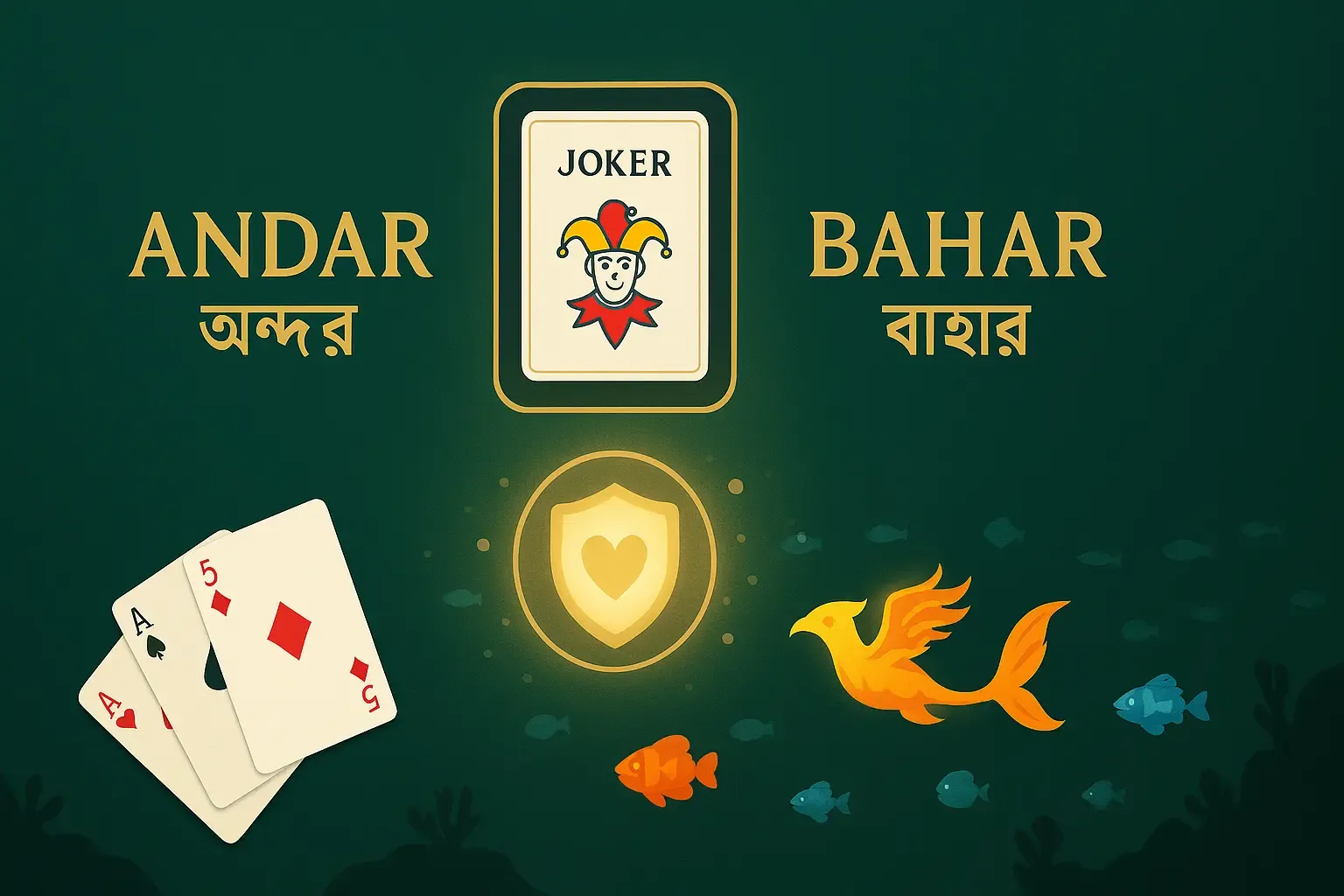 অন্দর বাহার খেলার টেবিল লেআউট, যেখানে জোকার কার্ড, অন্দর এবং বাহার বেটিং এলাকা দেখানো হয়েছে।