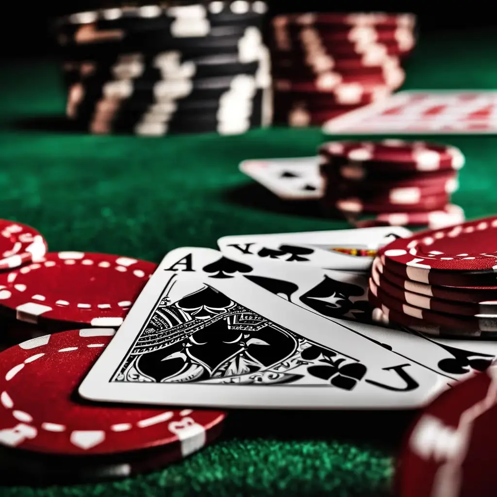A winning Royal Flush hand in a poker game with chips piling up
