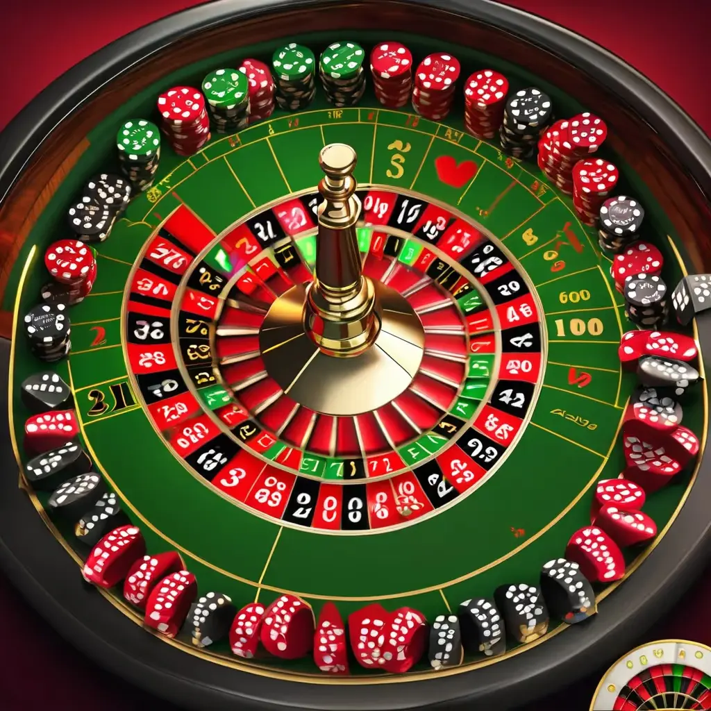 A roulette betting table layout with chips placed on red and black