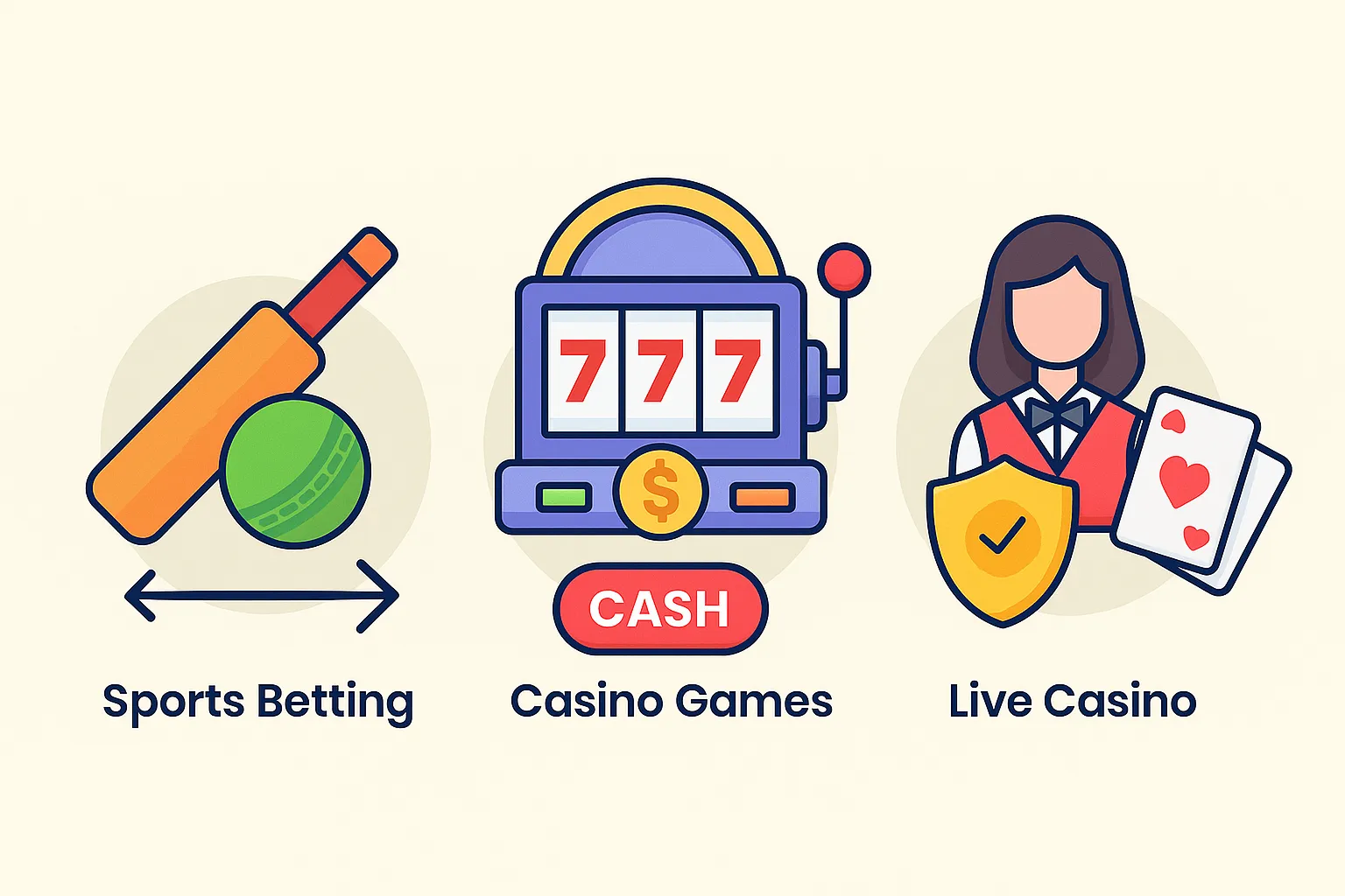 একটি ছবি যা BoroJeet-এর বিভিন্ন গেমিং বিভাগ দেখাচ্ছে: ক্রিকেট বেটিং, ক্যাসিনো স্লট এবং লাইভ ডিলার গেমস।