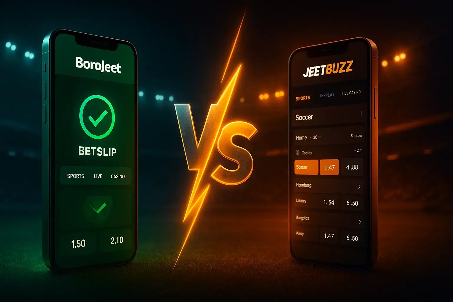 BoroJeet এবং JeetBuzz লোগোকে একটি ভার্সেস (VS) স্টাইলে দেখানো হয়েছে, যা দুটি জনপ্রিয় বেটিং সাইটের তুলনা নির্দেশ করছে।