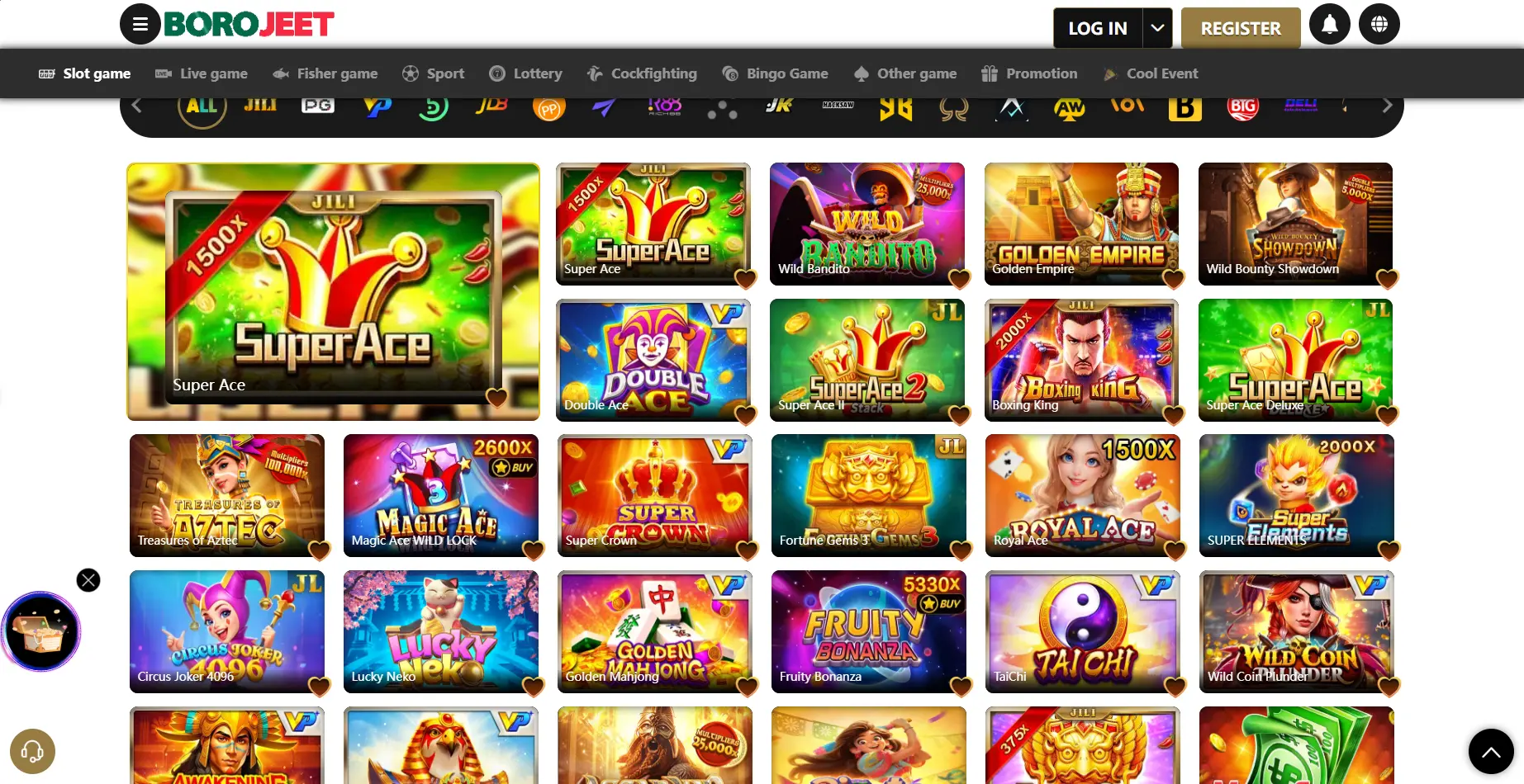 একটি স্ক্রিনশট যা Borojeet-এর বিভিন্ন ধরণের স্লট এবং ক্যাসিনো গেম প্রদর্শন করছে।