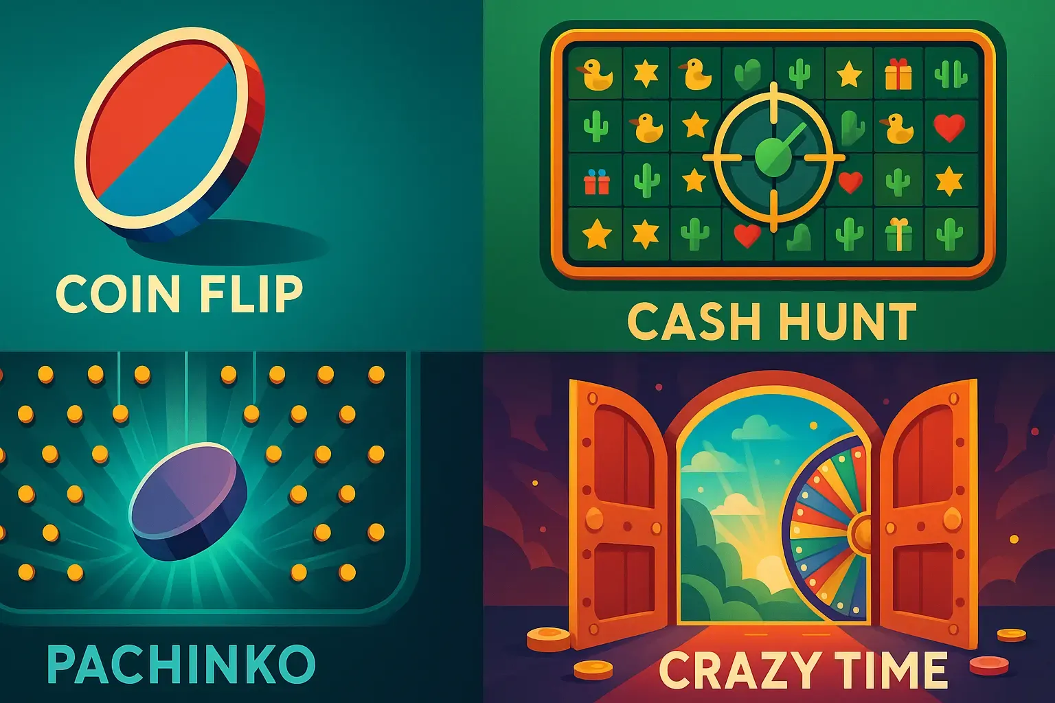 Crazy Time-এর চারটি বোনাস রাউন্ডের (Coin Flip, Cash Hunt, Pachinko, Crazy Time) একটি কোলাজ।