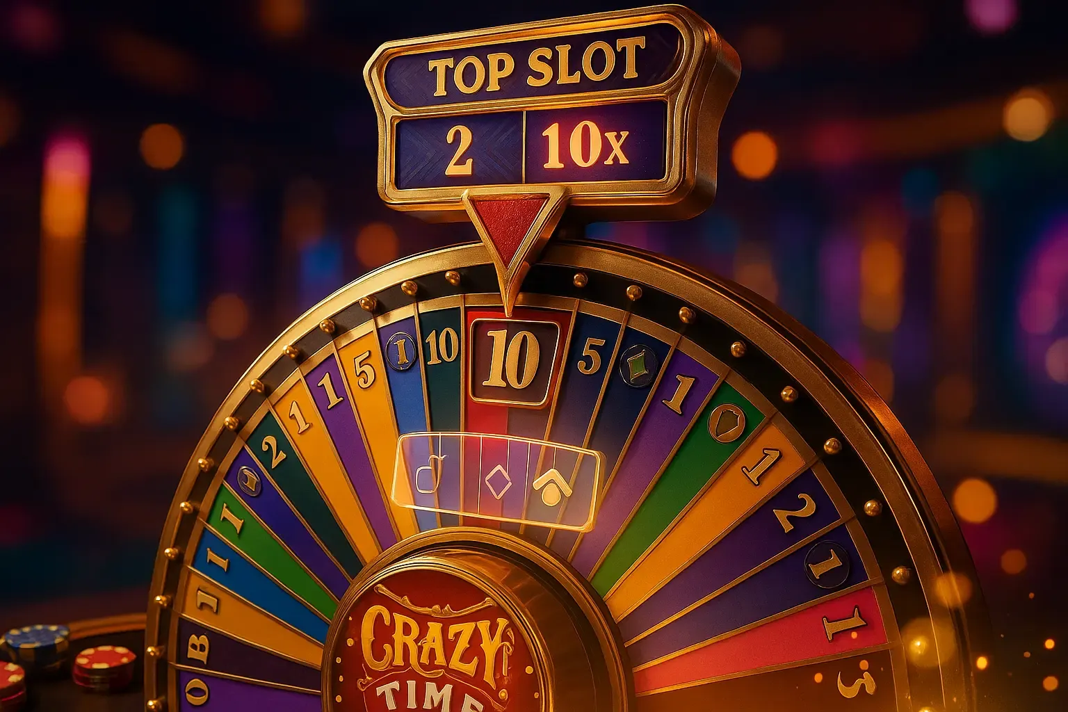 Crazy Time স্টুডিওর একটি দৃশ্য যেখানে বিশাল চাকা এবং হোস্ট দেখা যাচ্ছে।