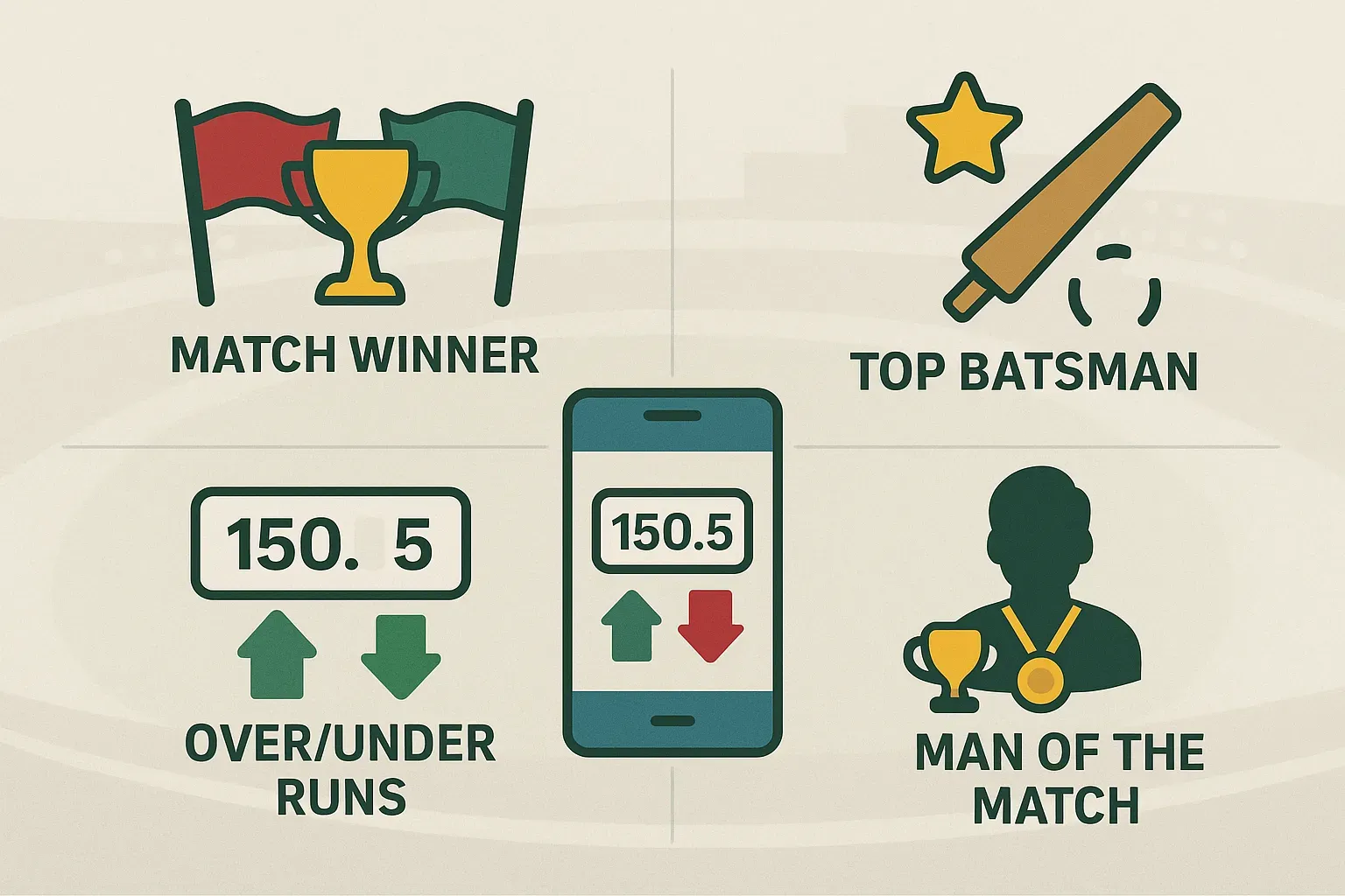 ক্রিকেটের জনপ্রিয় বেটিং প্রকার যেমন ম্যাচ উইনার, টপ ব্যাটসম্যান এবং ওভার/আন্ডার রানের আইকন সহ একটি চিত্র।
