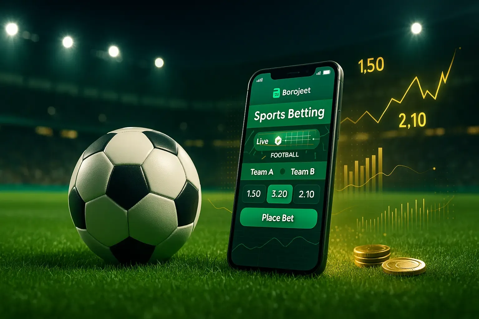 একটি ফুটবল স্টেডিয়ামের পটভূমিতে একটি ফুটবল এবং বেটিং অডস চার্ট, যা ফুটবল বেটিং গাইডকে নির্দেশ করছে।