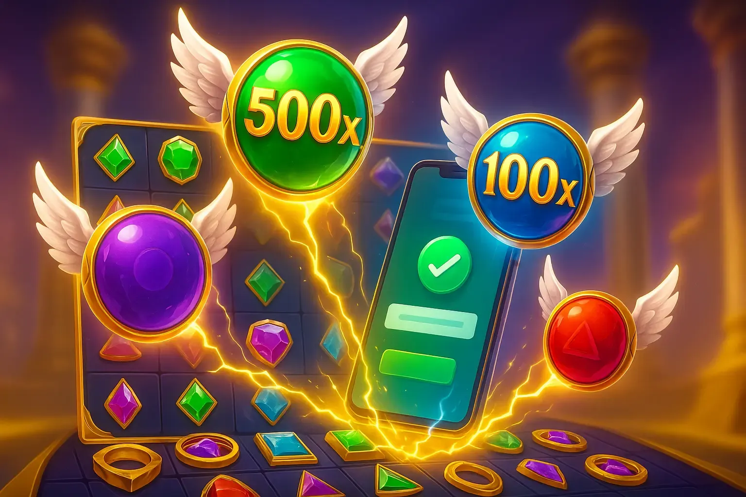 Gameplay screenshot showing Zeus adding multipliers to the reels. জিউস রিলের উপর মাল্টিপ্লায়ার যোগ করছেন।