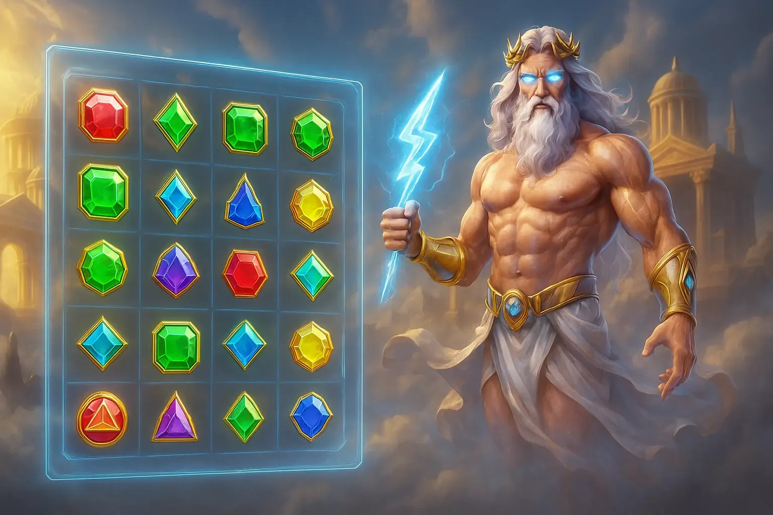 Zeus floating next to the Gates of Olympus slot grid, showcasing the 5000x max win potential.