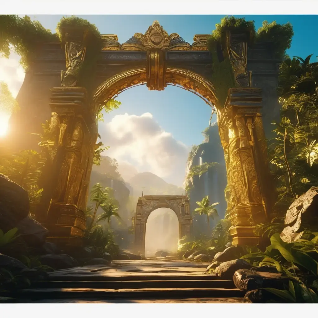 The golden gates of El Dorado opening to reveal the Free Falls bonus round in Gonzo's Quest