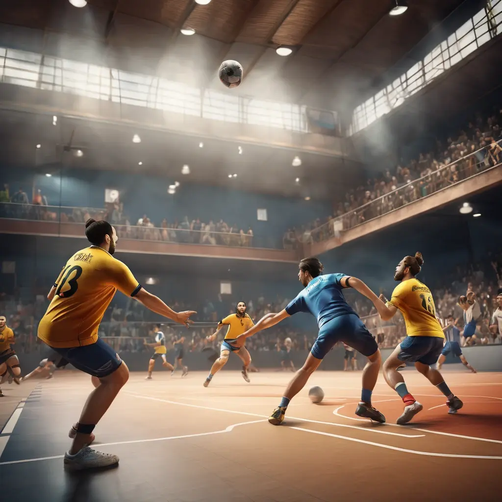 Action shot of a handball match with a player shooting at goal