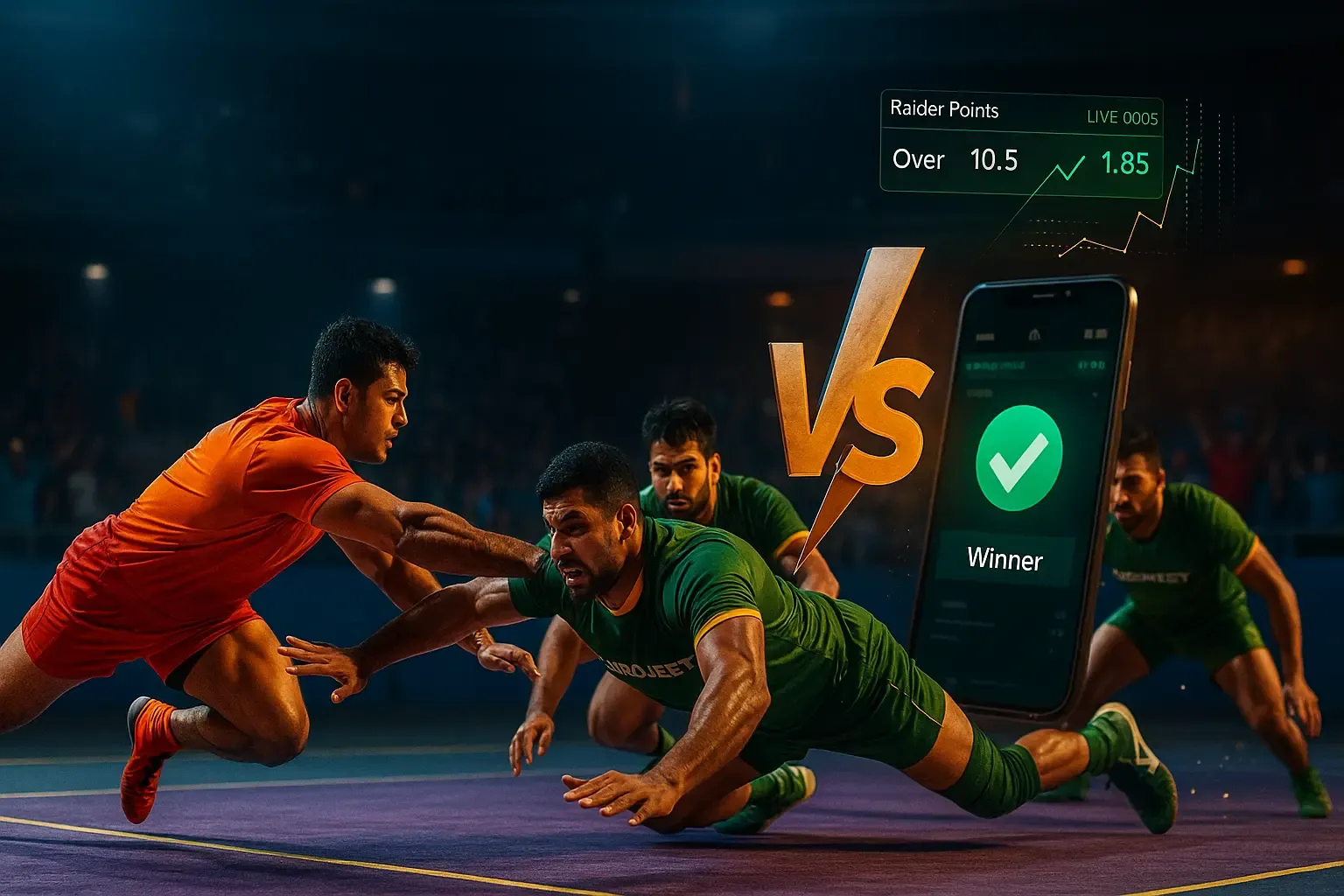একটি কাবাডি ম্যাচের অ্যাকশন দৃশ্য, যেখানে একজন রেইডার ডিফেন্ডারদের এড়িয়ে যাওয়ার চেষ্টা করছেন, পাশে বেটিং অডস দেখানো হয়েছে।
