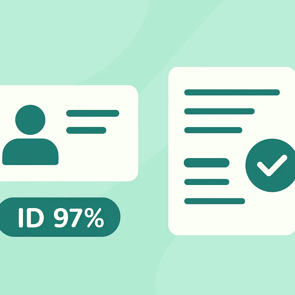 কেওয়াইসি ভেরিফিকেশনের জন্য প্রয়োজনীয় ডকুমেন্টগুলির আইকন: একটি জাতীয় পরিচয়পত্র এবং একটি ঠিকানার প্রমাণপত্র।