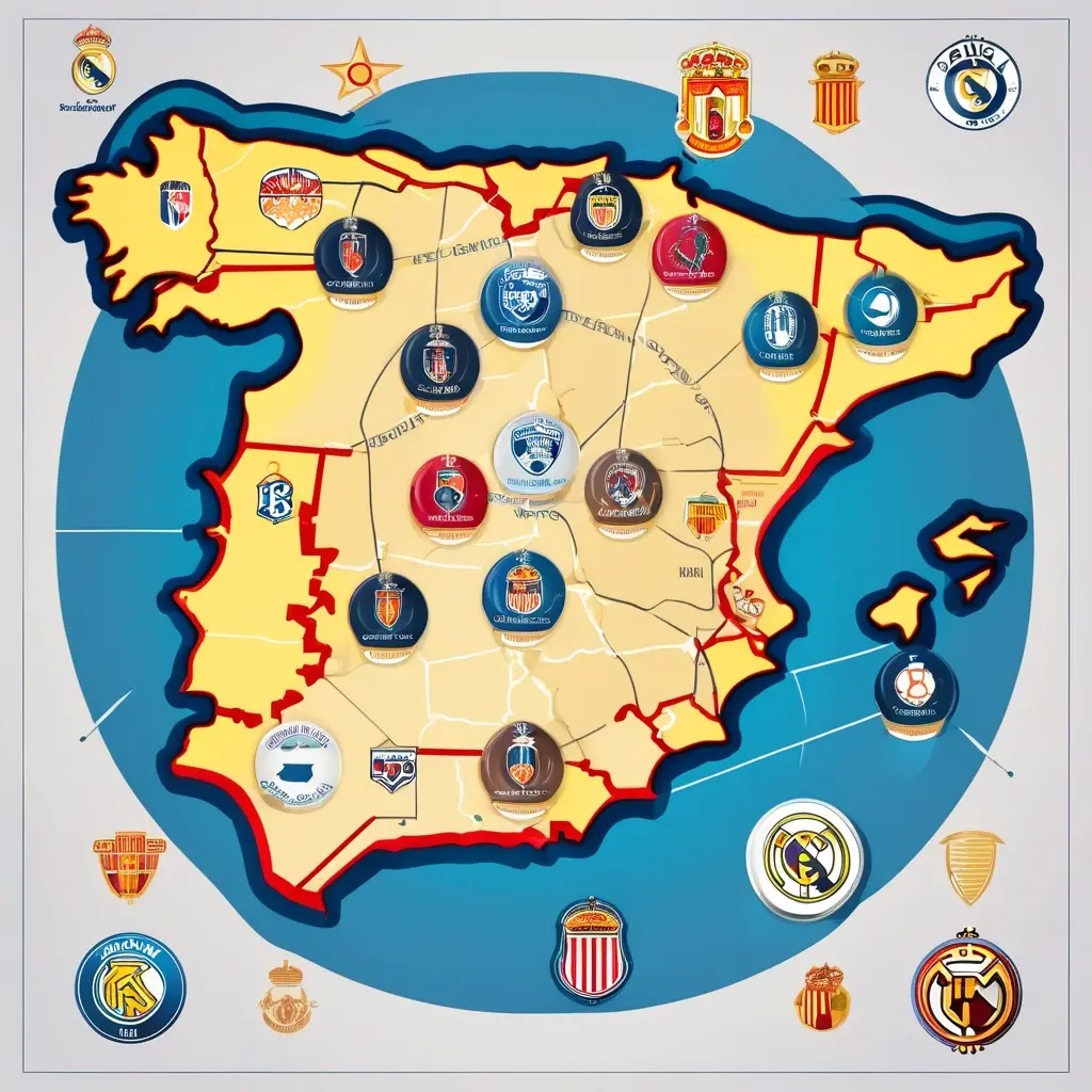 Map of Spain showing major La Liga teams: Real Madrid, Barcelona, Atletico Madrid, Sevilla, and their key traits