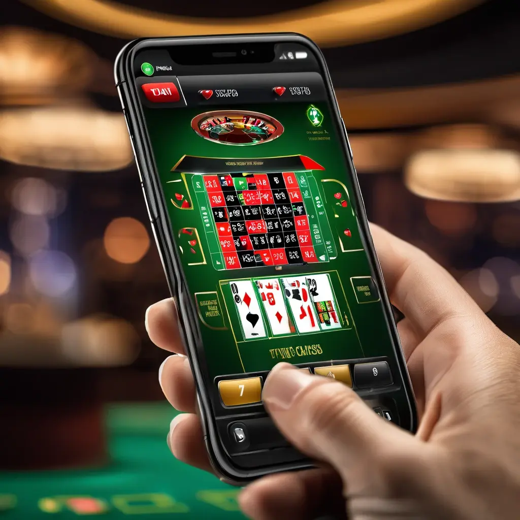 User holding a smartphone with a sleek live casino app interface open