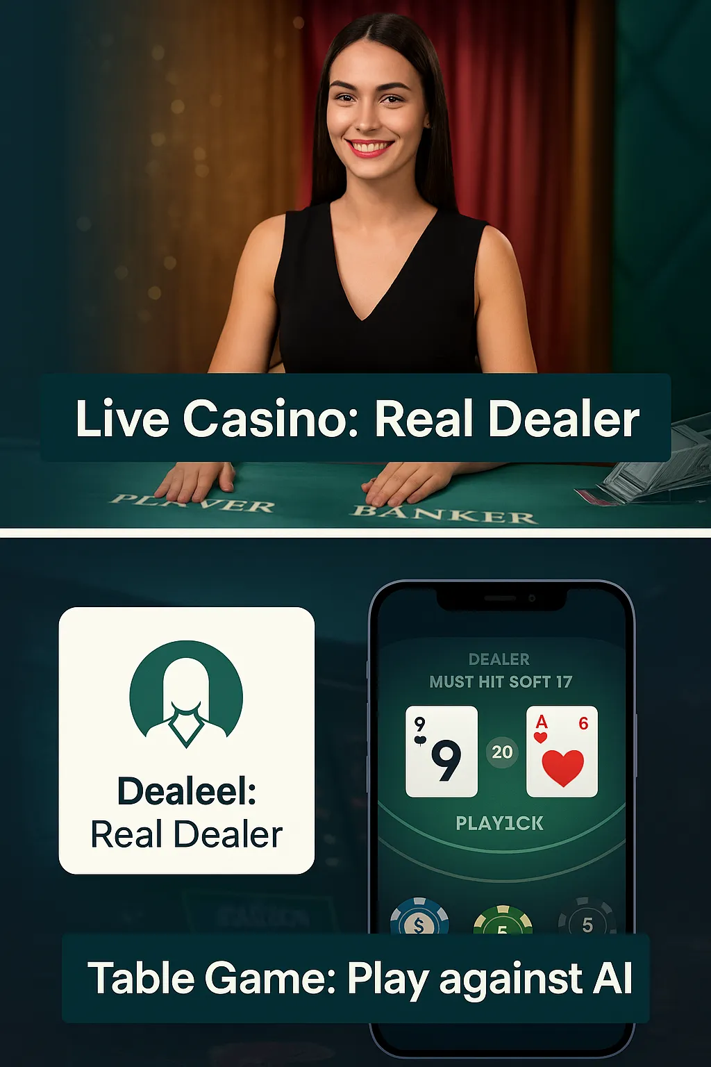 একজন বাস্তব ডিলারের সাথে লাইভ ক্যাসিনো গেম এবং একটি ডিজিটাল টেবিল গেমের মধ্যে পার্থক্য দেখানো একটি ছবি।