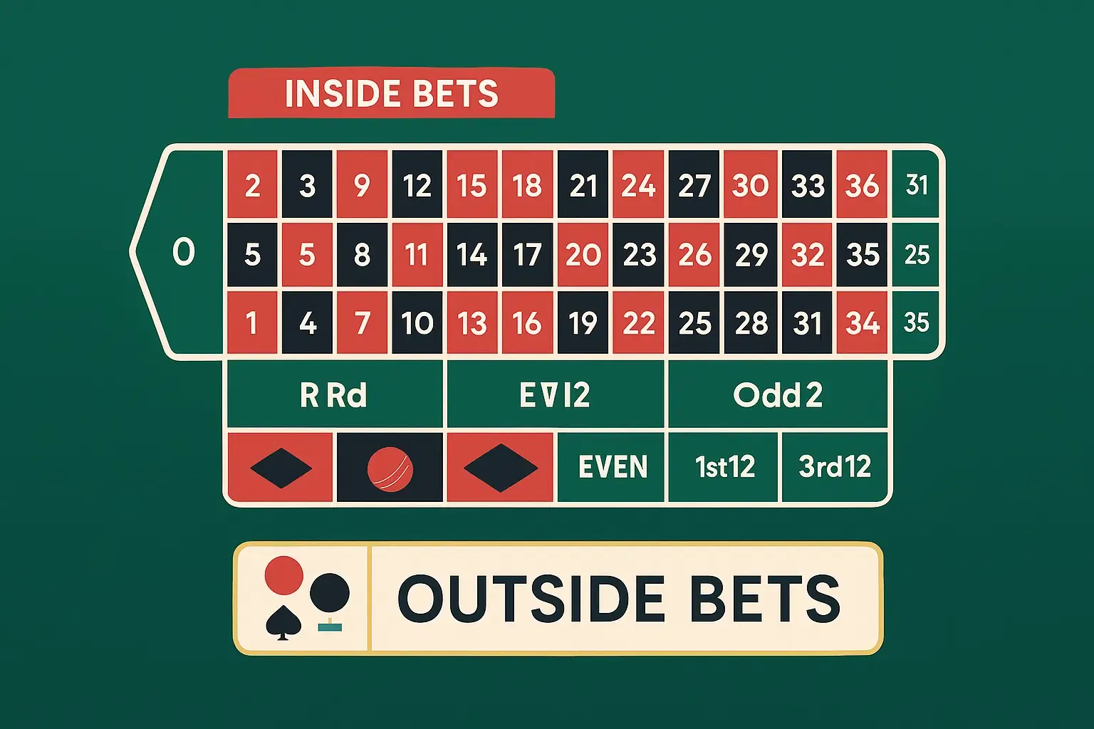 An infographic of a roulette table showing inside and outside bets.