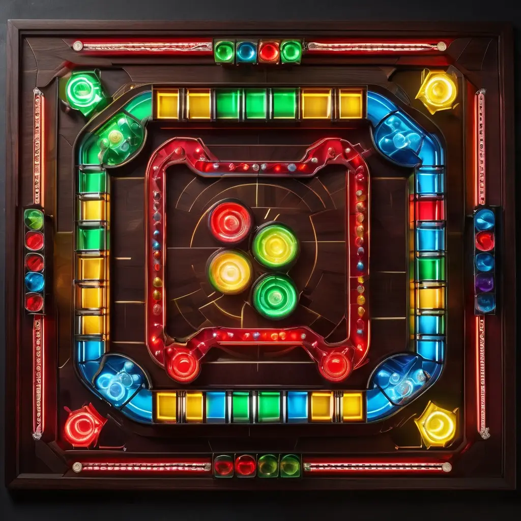 একটি আধুনিক ডিজিটাল লুডু বোর্ড যেখানে চিপস এবং ডাইস রয়েছে, পাশে কিছু টাকার নোট।