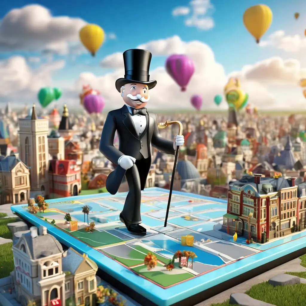 Monopoly Live গেমের 3D বোনাস রাউন্ড, যেখানে মিস্টার মনোপলি বোর্ডের উপর দিয়ে হাঁটছেন।