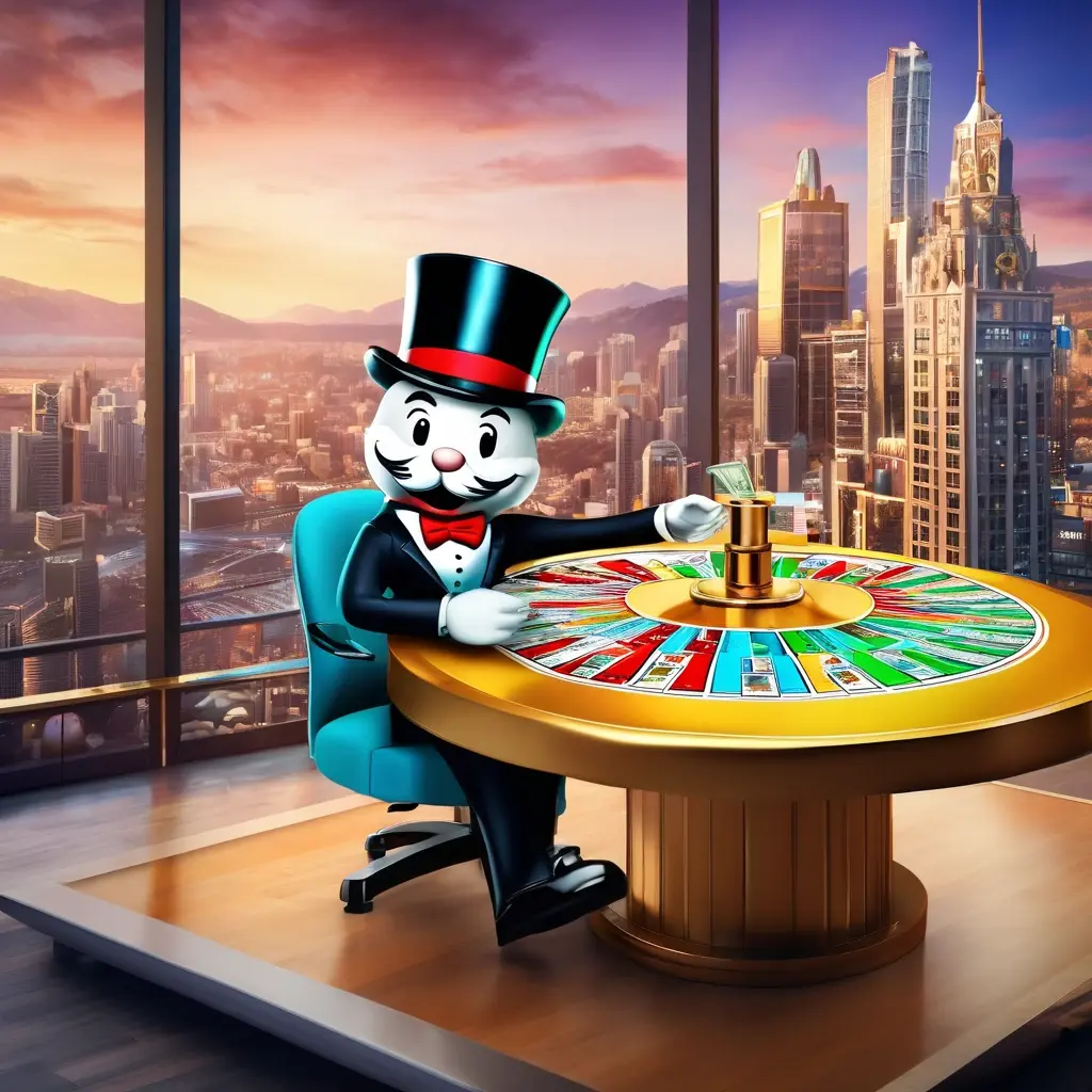 Monopoly Live স্টুডিওতে হোস্ট এবং মিস্টার মনোপলি চাকার পাশে দাঁড়িয়ে আছেন।