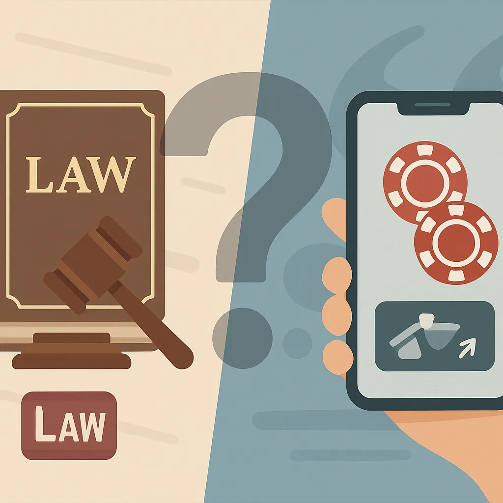 একটি ছবি যা আইনের বই এবং একটি স্মার্টফোনের মধ্যে দ্বন্দ্ব দেখাচ্ছে, বাংলাদেশে অনলাইন জুয়ার আইনি ধূসর এলাকাকে প্রতীকী করে।