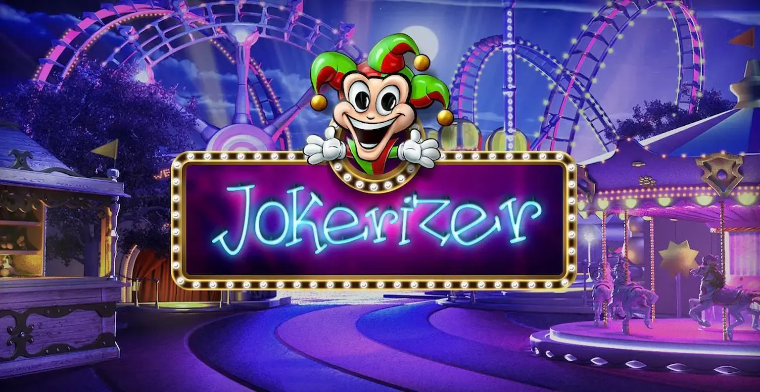 Jokerizer স্লট গেমের একটি গ্রাফিকাল উপস্থাপনা, যা এর উজ্জ্বল জোকার থিম দেখাচ্ছে।