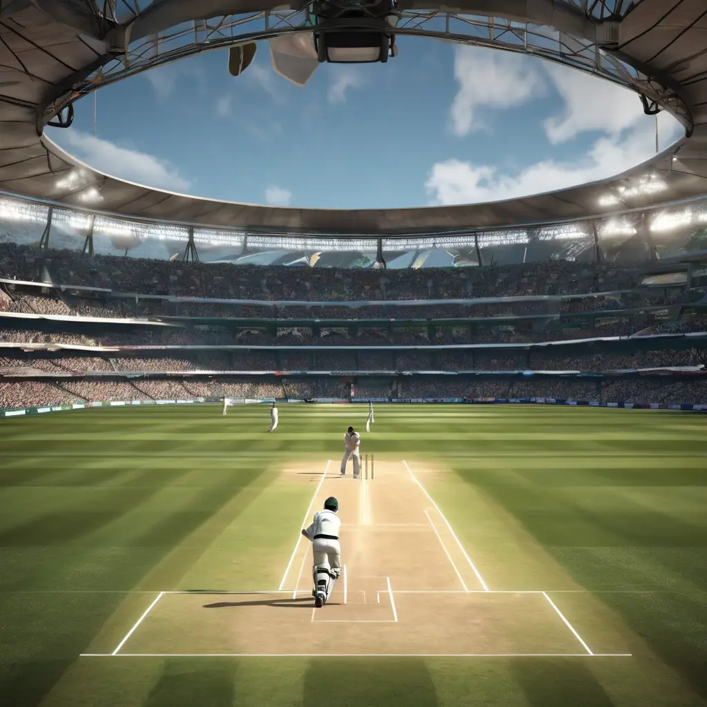 একটি ভার্চুয়াল ক্রিকেট ম্যাচের দৃশ্য, যেখানে একজন ব্যাটসম্যান শট খেলছে এবং স্টেডিয়াম দর্শকে পূর্ণ।
