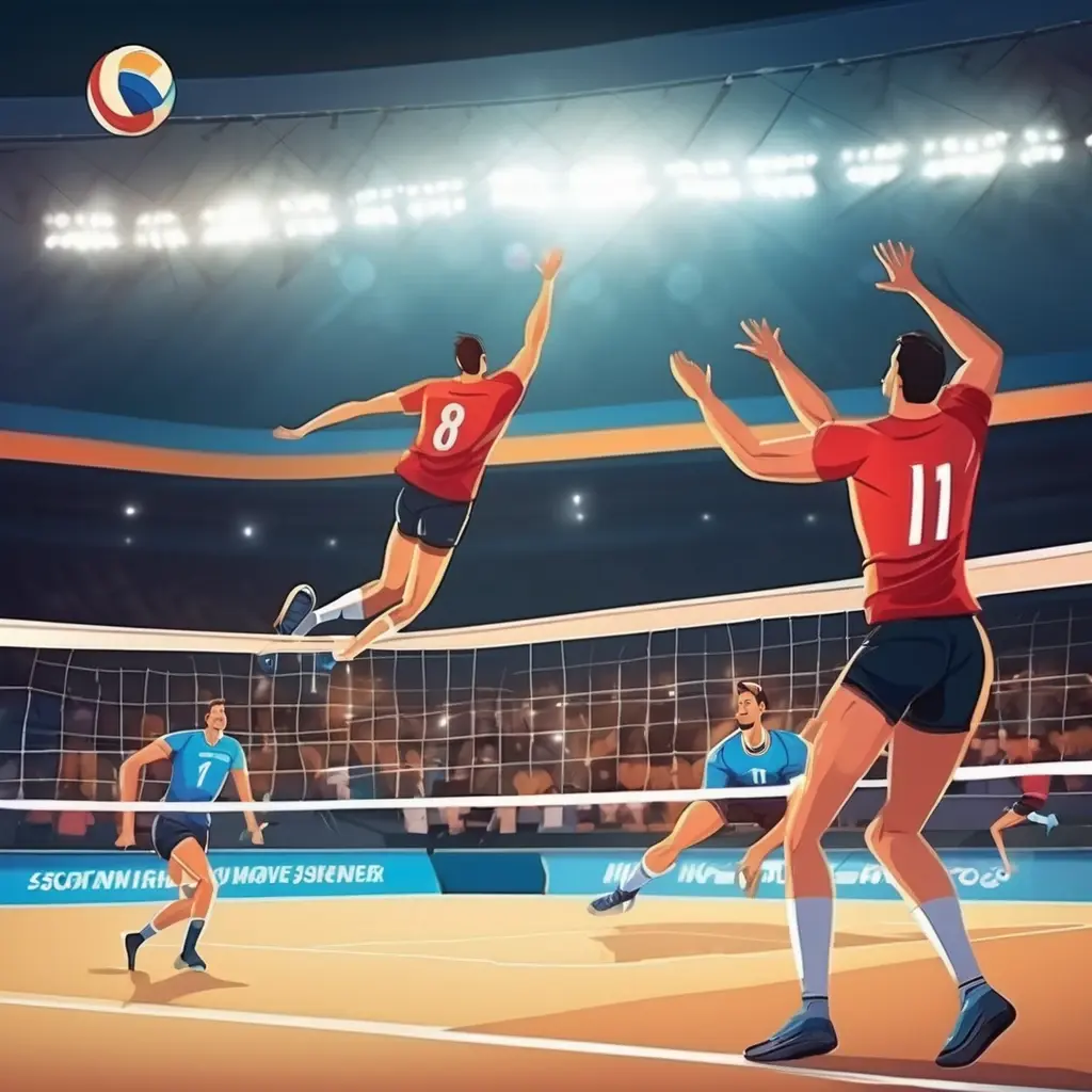 Action shot of a volleyball match with players spiking the ball