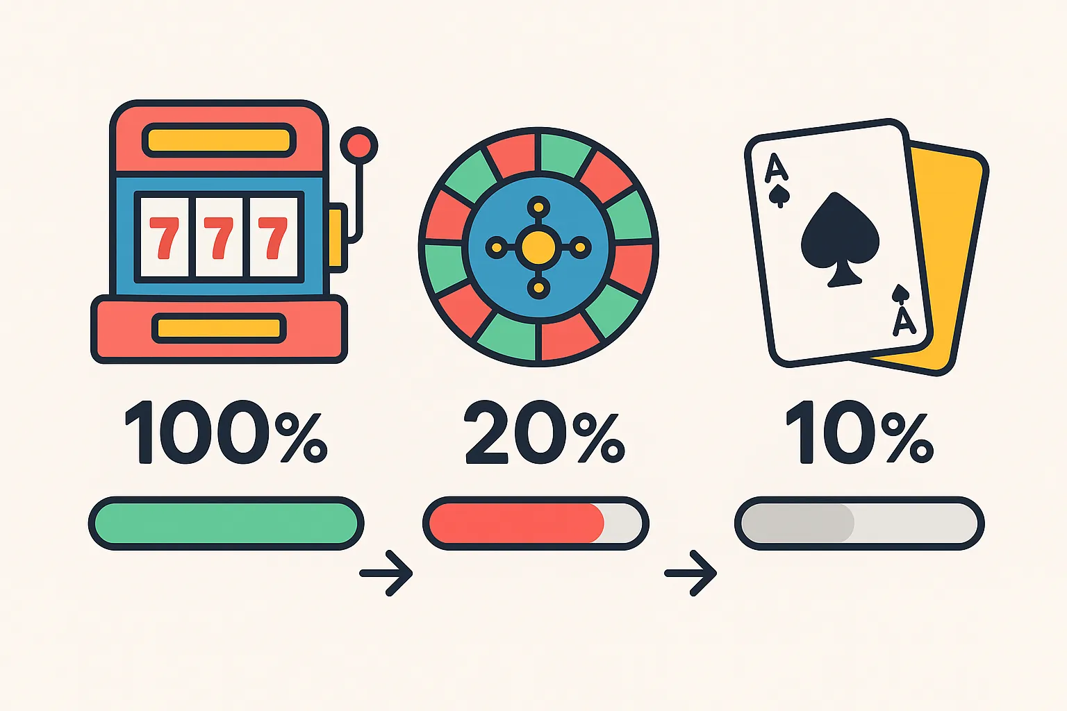 একটি ইনফোগ্রাফিক যা বিভিন্ন গেমের ওয়েজারিং রিকোয়ারমেন্টে অবদানের শতাংশ দেখাচ্ছে, যেমন স্লট (১০০%) এবং টেবিল গেম (১০-২০%)