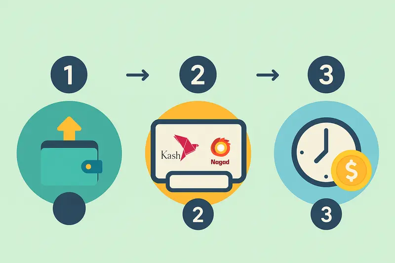 টাকা তোলার তিনটি সহজ ধাপ দেখানো একটি ইনফোগ্রাফিক: উইথড্রয়াল বিভাগে যাওয়া, পদ্ধতি ও পরিমাণ নির্বাচন করা এবং প্রক্রিয়াকরণের জন্য অপেক্ষা করা।