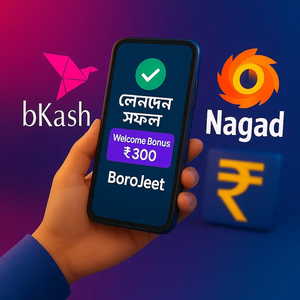 BoroJeet Bangladesh user making a deposit with bKash/Nagad to claim a ৳300 welcome bonus
