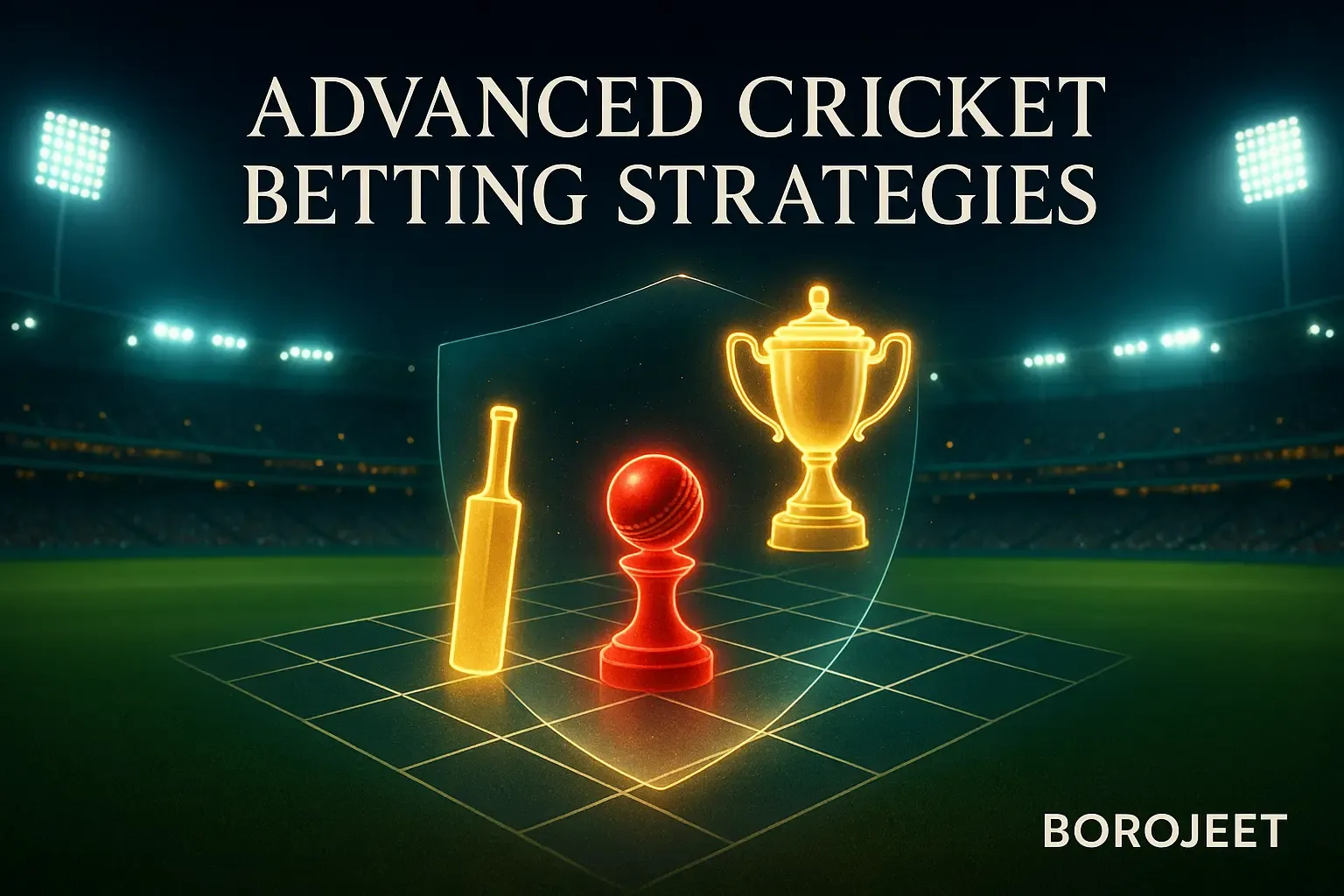একটি ক্রিকেট স্টেডিয়ামের পটভূমিতে একটি চেসবোর্ড, যা ক্রিকেট বেটিংয়ে কৌশলগত চিন্তাভাবনার প্রতীক।