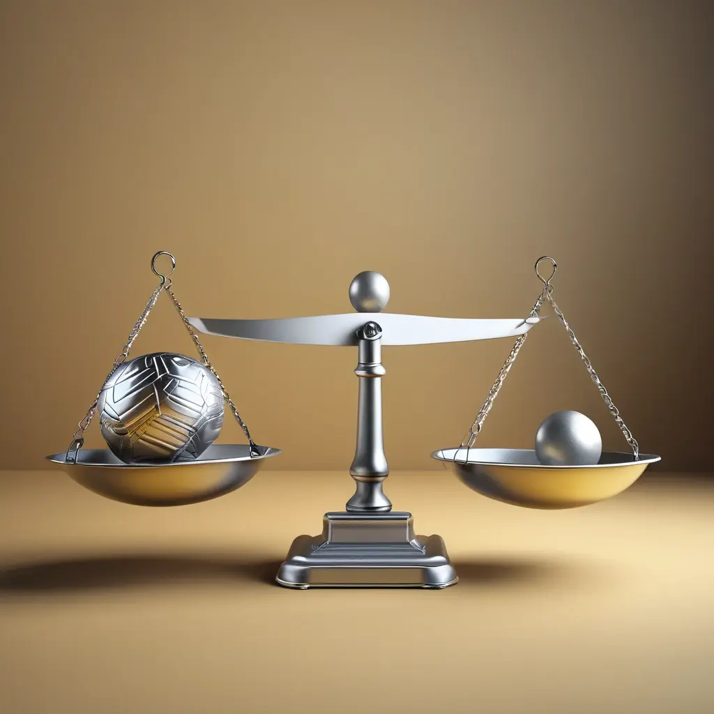 A balance scale with a heavy football on one side and two smaller footballs on the other, representing handicap balancing