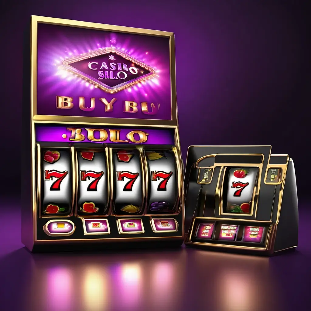 A big red button labeled 'Buy Feature' next to a normal spin button, with price tags attached, 3D style