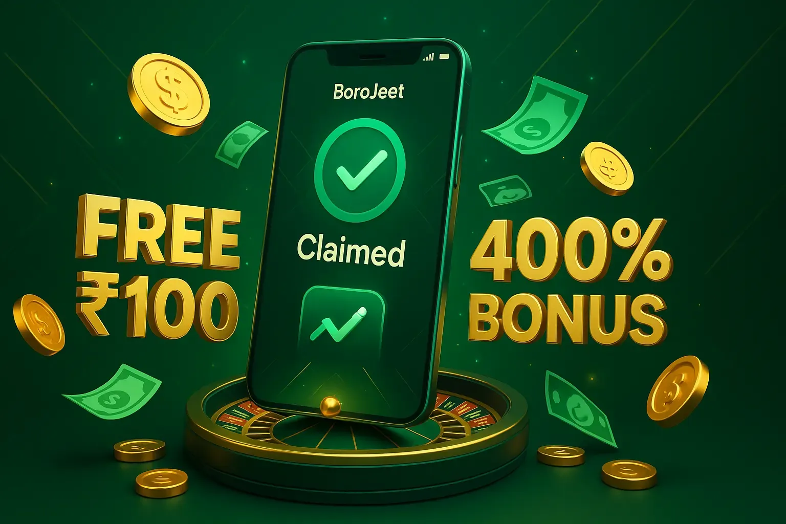 BoroJeet Promo Code এবং Bonus অফারগুলোর একটি তালিকা, যেখানে ৳100 ফ্রি এবং 400% বোনাস হাইলাইট করা হয়েছে।
