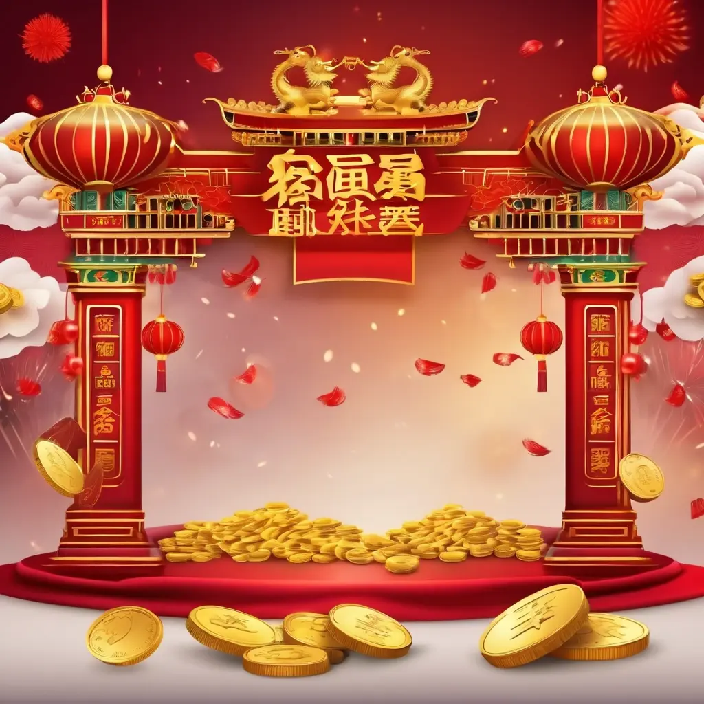Festive background with red lanterns, gold ingots, and slot symbols representing Chinese New Year celebration