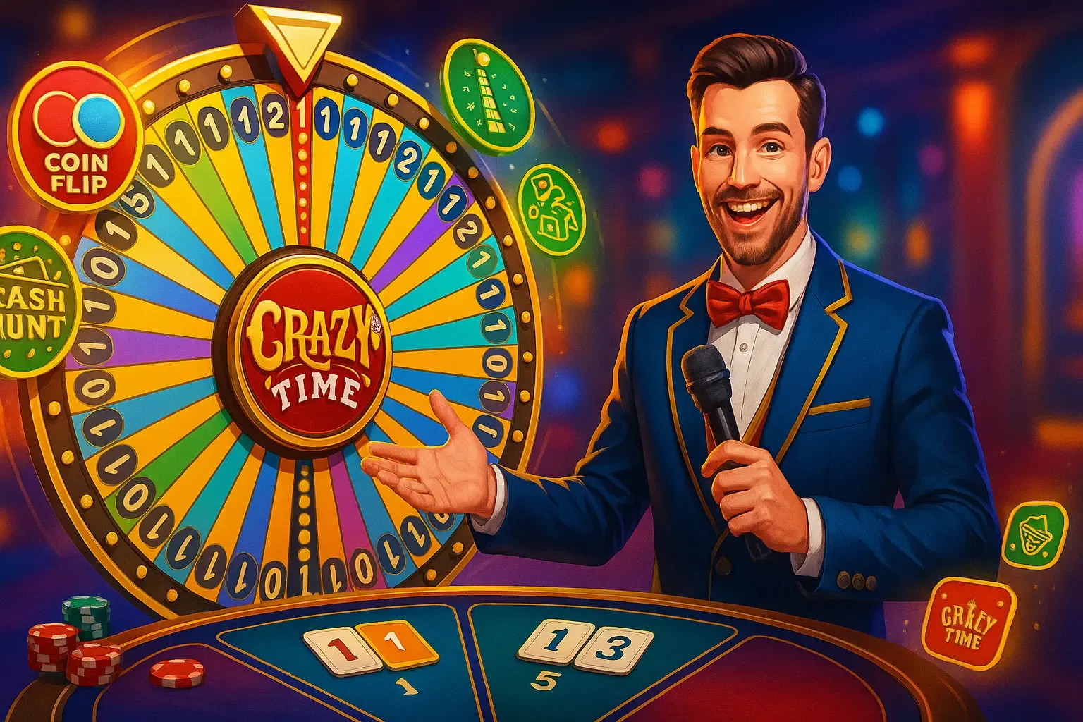 Crazy Time গেমের একটি রঙিন চাকা এবং হোস্ট, যা ৪টি বোনাস রাউন্ডের উত্তেজনা প্রদর্শন করছে।