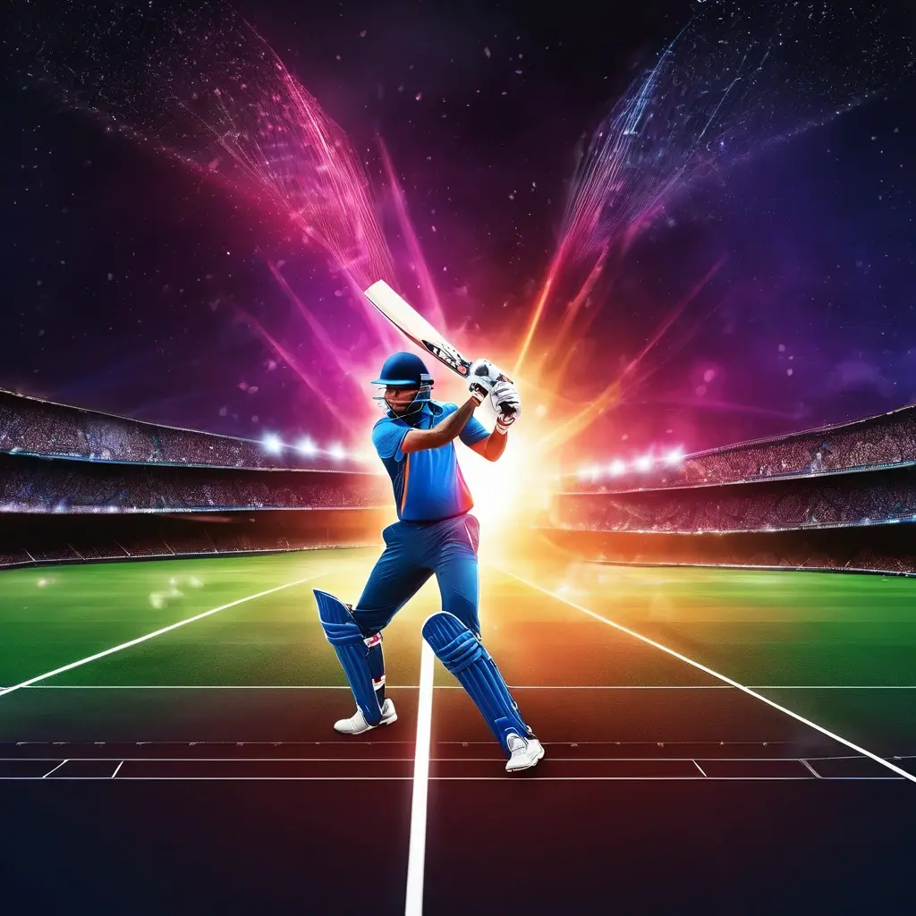 Cricket batsman hitting a ball that turns into a rising multiplier graph