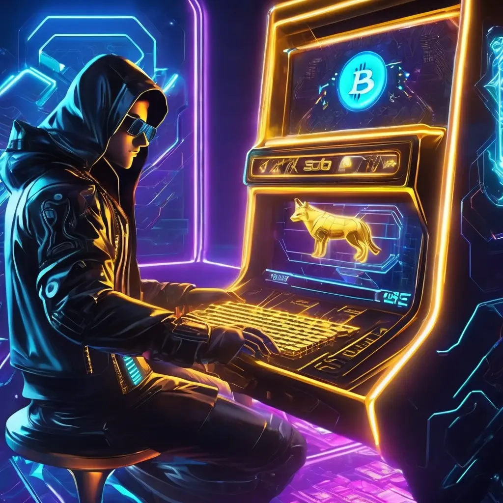 Crypto Gold slot main character, a cyberpunk hacker with bitcoin symbols