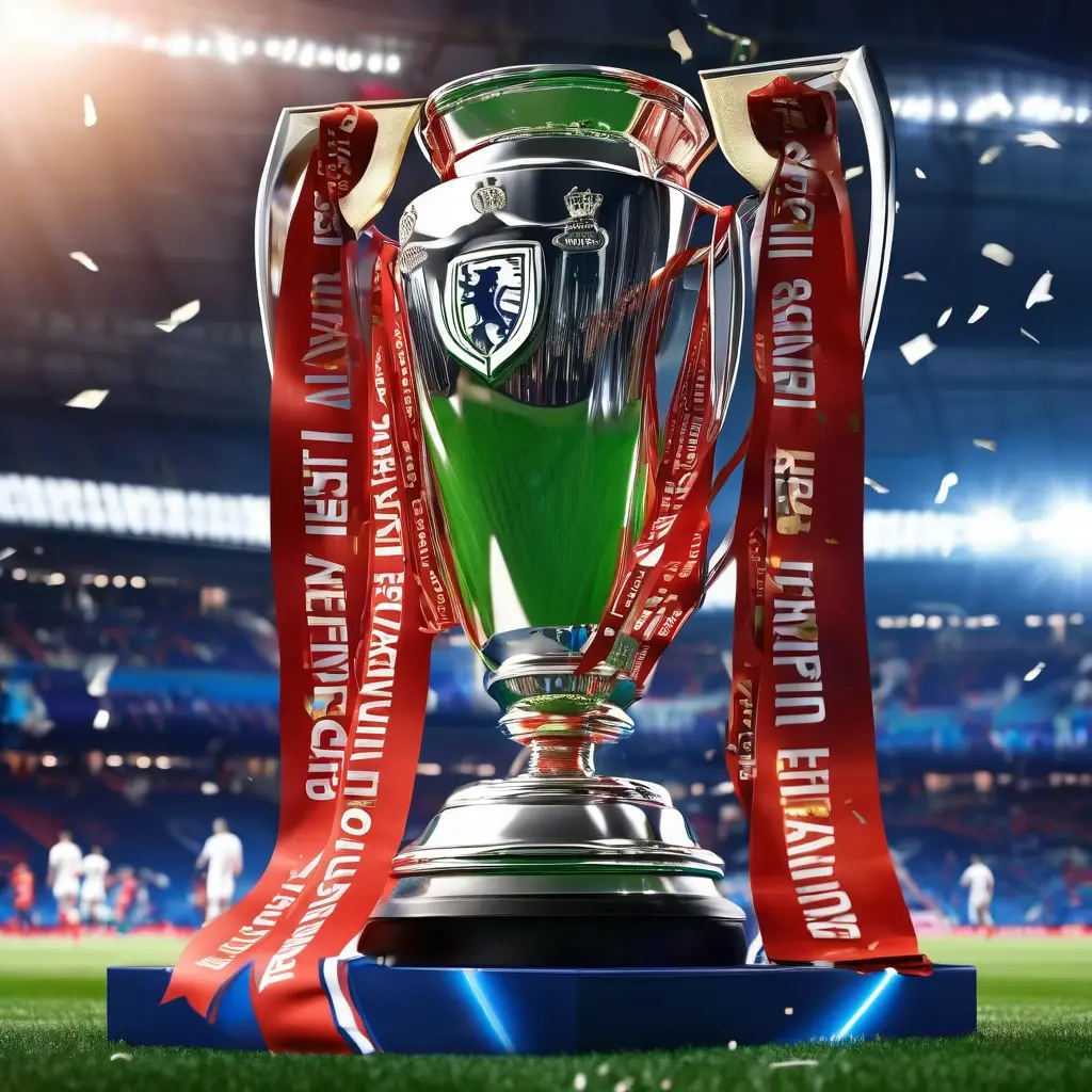 English Premier League trophy with 2026 branding, stadium background with colorful team scarves