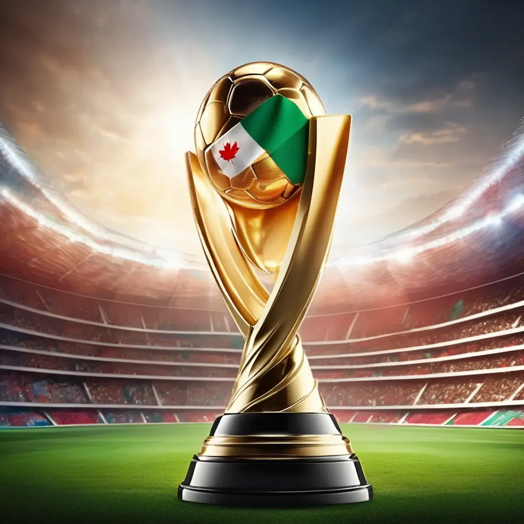 FIFA World Cup 2026 trophy standing in a stadium with USA, Mexico, and Canada flags, excitement atmosphere