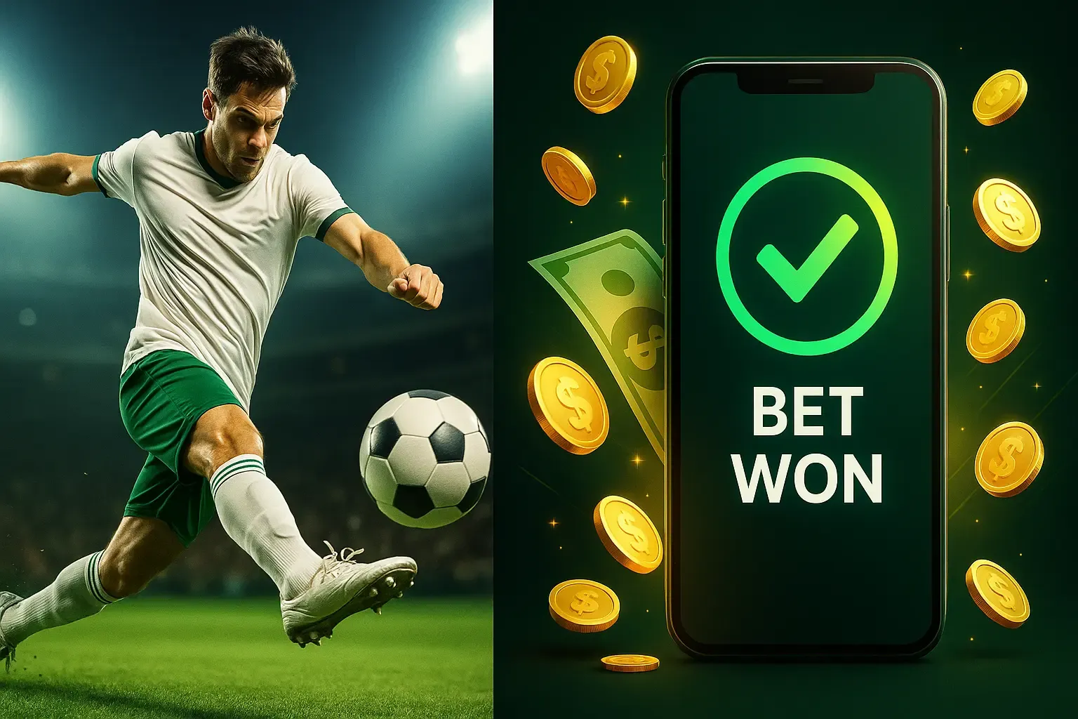 একটি ফুটবল স্টেডিয়ামের পটভূমিতে একটি ফুটবল এবং বেটিং অডস চার্ট, যা ফুটবল বেটিং গাইডকে নির্দেশ করছে।