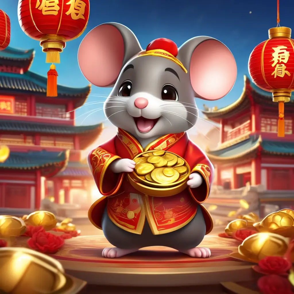 Fortune Mouse slot character, cute golden mouse holding money, red chinese background, festive atmosphere