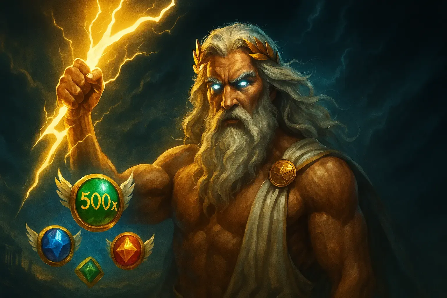 Zeus floating next to the Gates of Olympus slot grid, showcasing the 5000x max win potential. জিউস এবং গেটস অফ অলিম্পাস স্লট গেমের দৃশ্য।