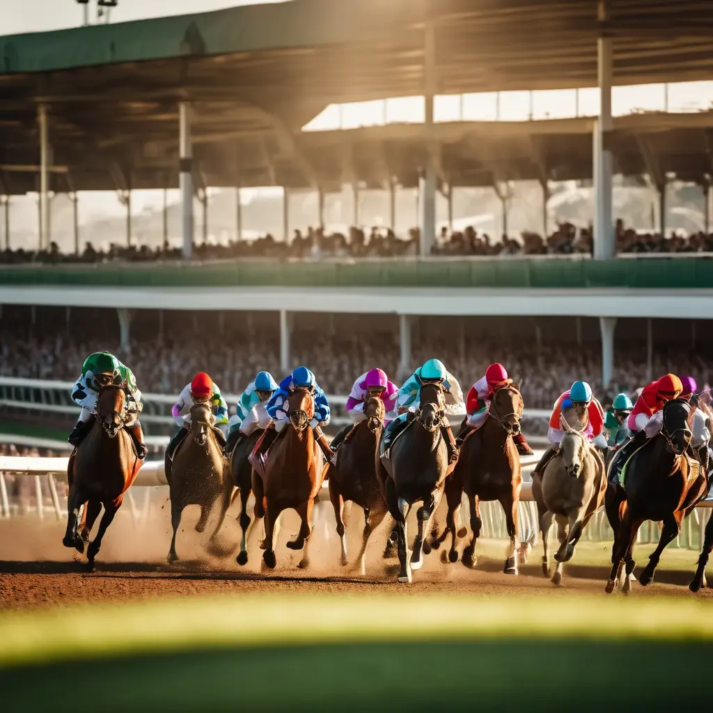 Dramatic photo of racehorses crossing the finish line with jockeys in colorful silks.