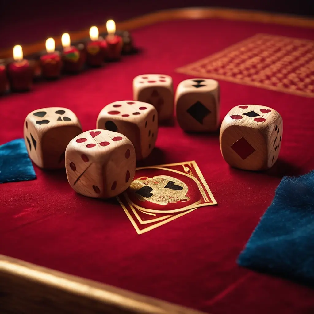Traditional Jhandi Munda game board with six dice showing different symbols like Heart, Spade, and Flag.