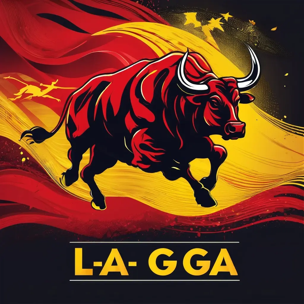 La Liga logo concept with Spanish flag colors, bull silhouette, and football stadium background
