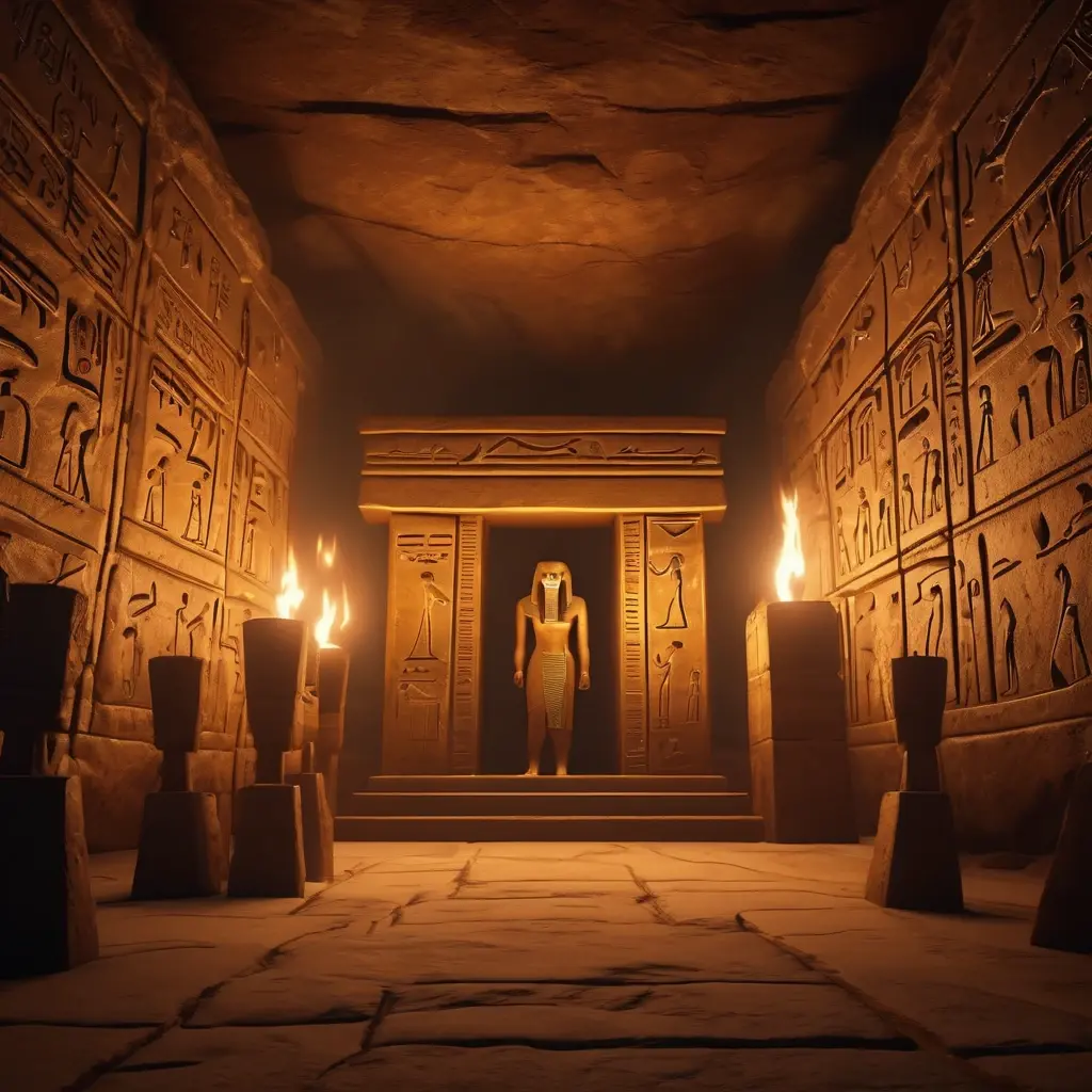 The dark and mysterious tomb setting of Legacy of Dead slot with flaming torches.