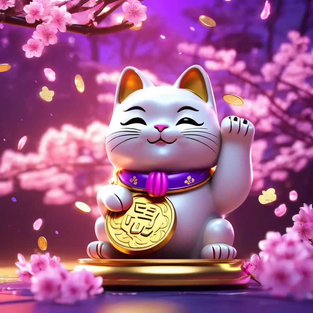 Lucky Neko game character holding a gold coin with sakura background