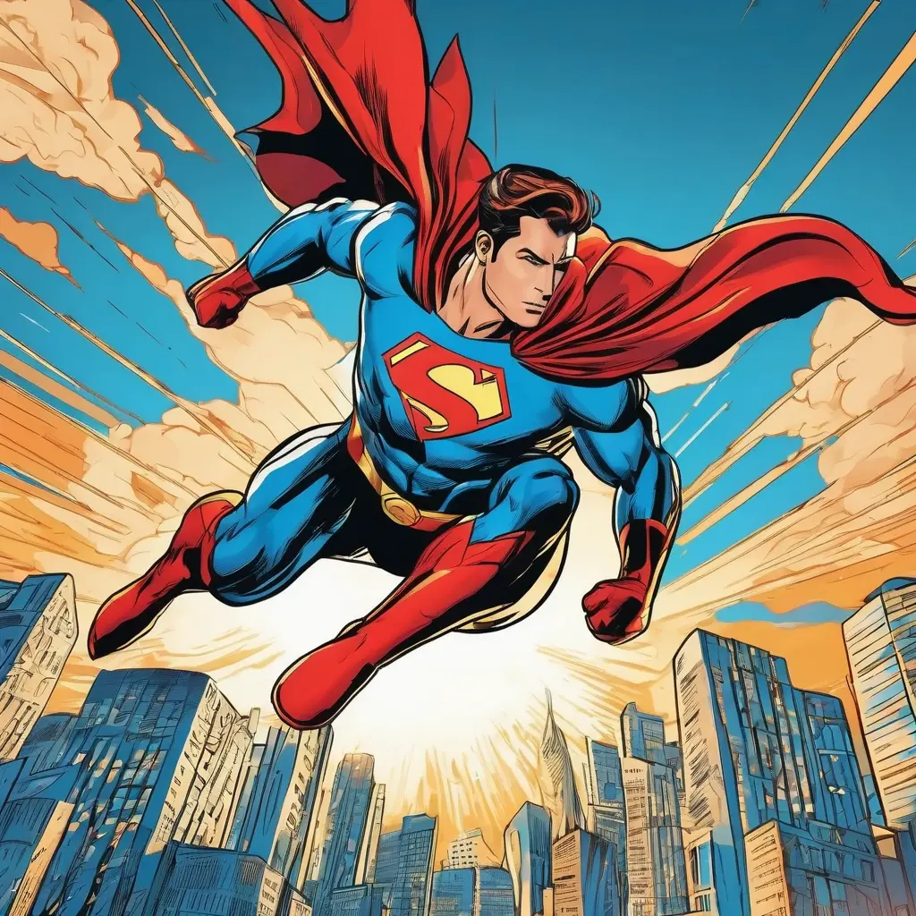 Superhero character flying above a futuristic metropolis skyline with multiplier numbers