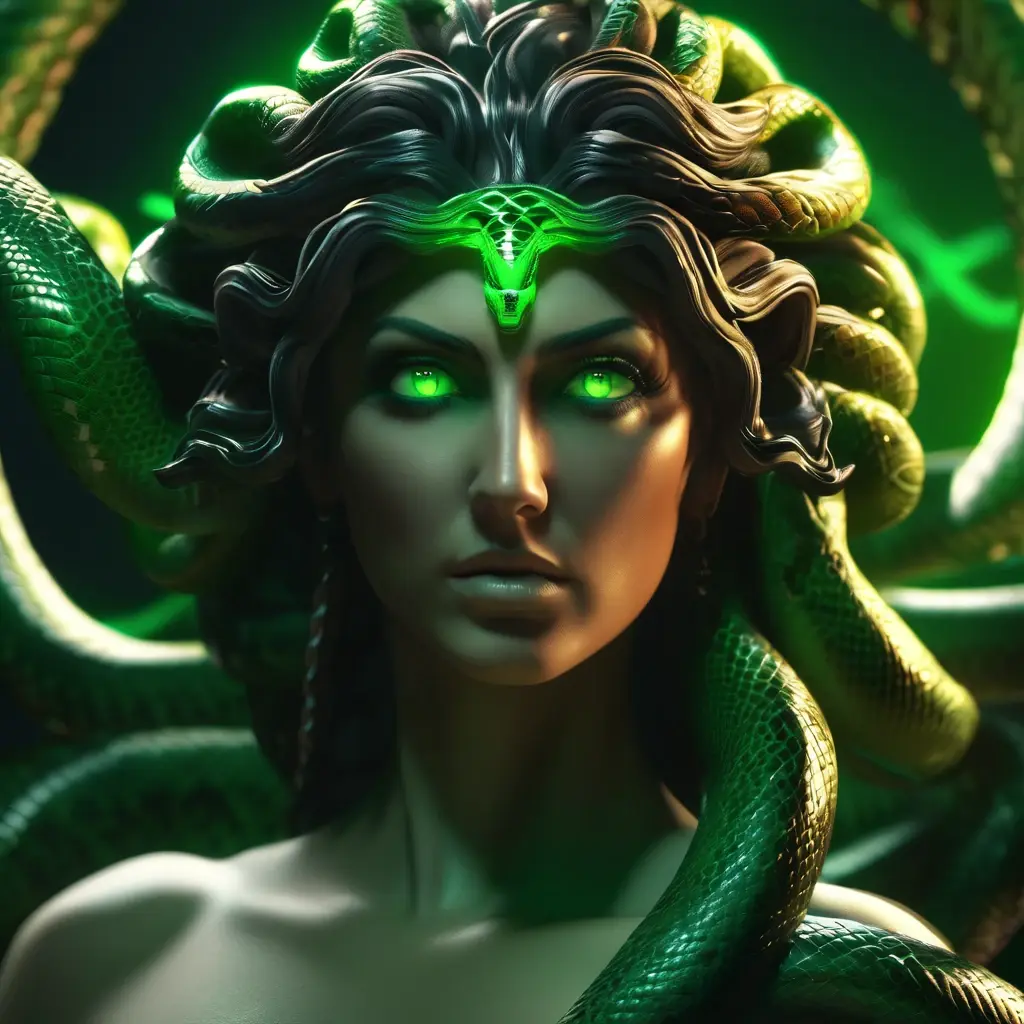 Medusa II slot game promotional art, Medusa with snake hair and glowing eyes in a Greek temple
